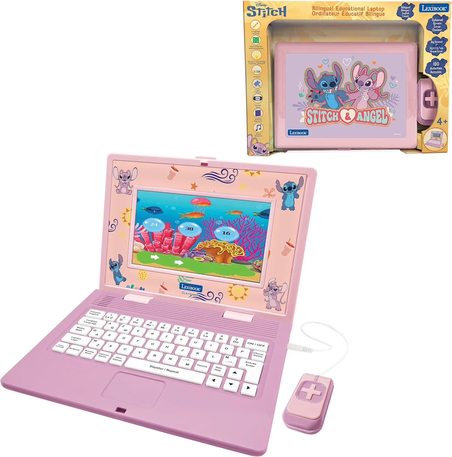 لپ تاپ آموزشی دو زبانه دیزنی استیچ انجل Lexibook، فرانسوی/انگلیسی، 180 فعالیت با صفحه نمایش رنگی 7 اینچی، صورتی، JC899D1i1