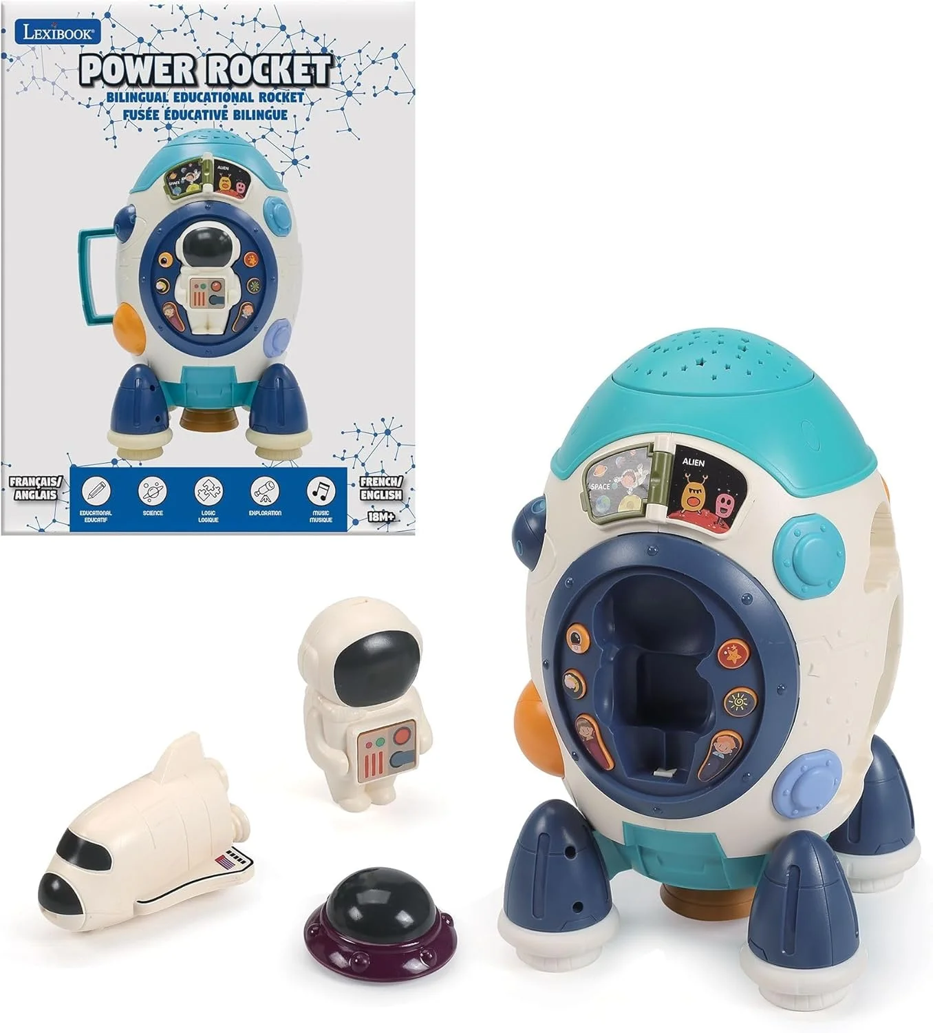 Lexibook, موشک فضایی آموزشی با قابلیت پخش تصاویر ستاره ای، دو زبانه انگلیسی/فرانسوی، فعالیت های سرگرم کننده برای یادگیری مفاهیم فضایی، اشکال، موسیقی و رنگ ها، ROCKETi1