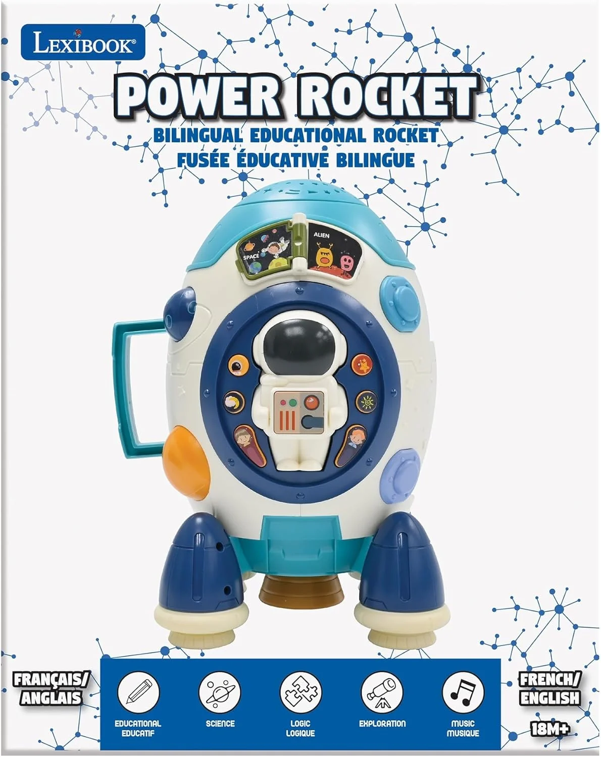 Lexibook, موشک فضایی آموزشی با قابلیت پخش تصاویر ستاره ای، دو زبانه انگلیسی/فرانسوی، فعالیت های سرگرم کننده برای یادگیری مفاهیم فضایی، اشکال، موسیقی و رنگ ها، ROCKETi1