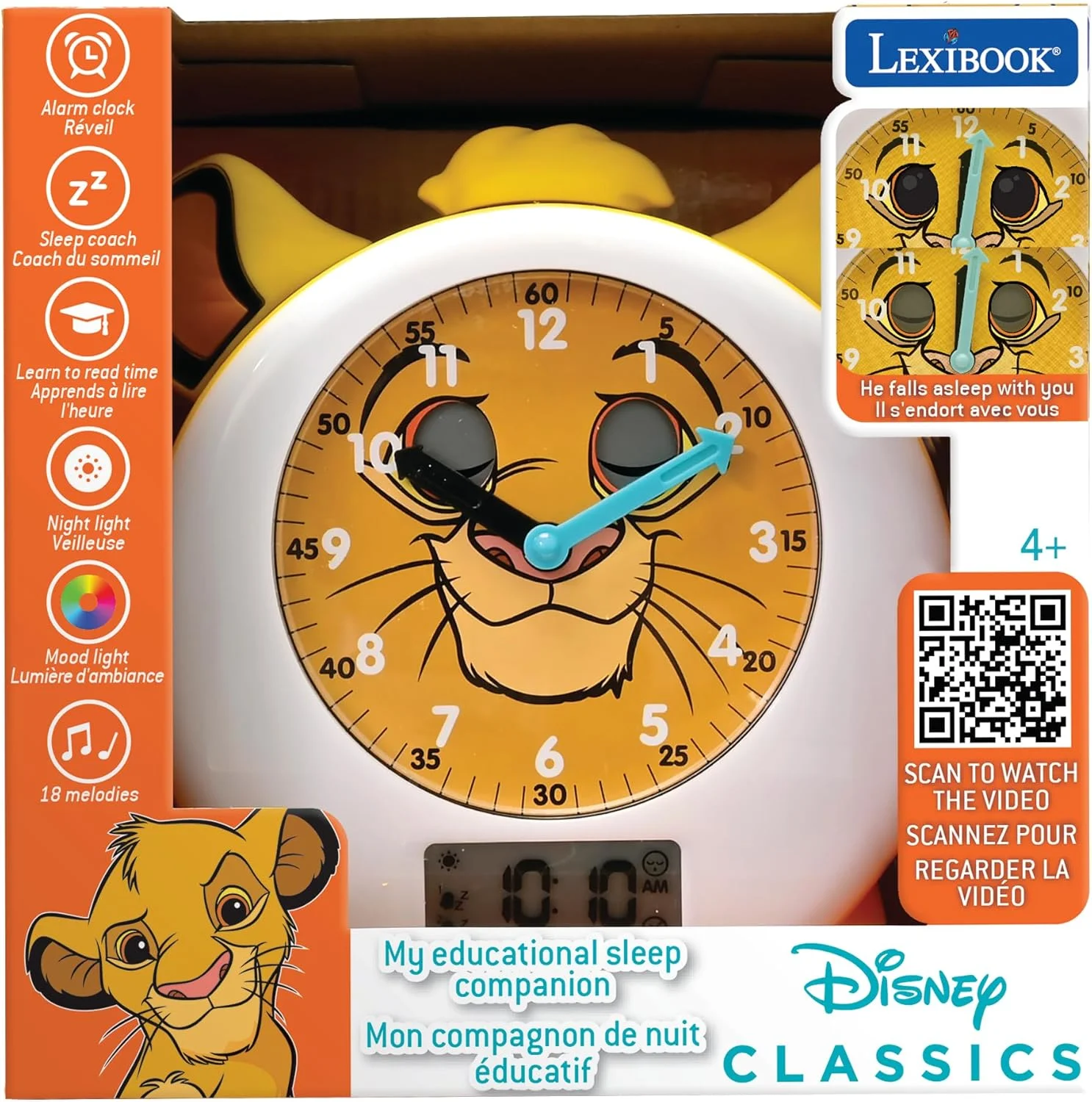 لِکسی بوک، دیزنی، شیر شاه، سیمبا، همراه آموزشی خواب من، ساعت زنگ دار، چراغ خواب، شبیه ساز طلوع خورشید، تایمر، نمایشگر زمان دوگانه، باتری قابل شارژ، زرد، RLT100AN