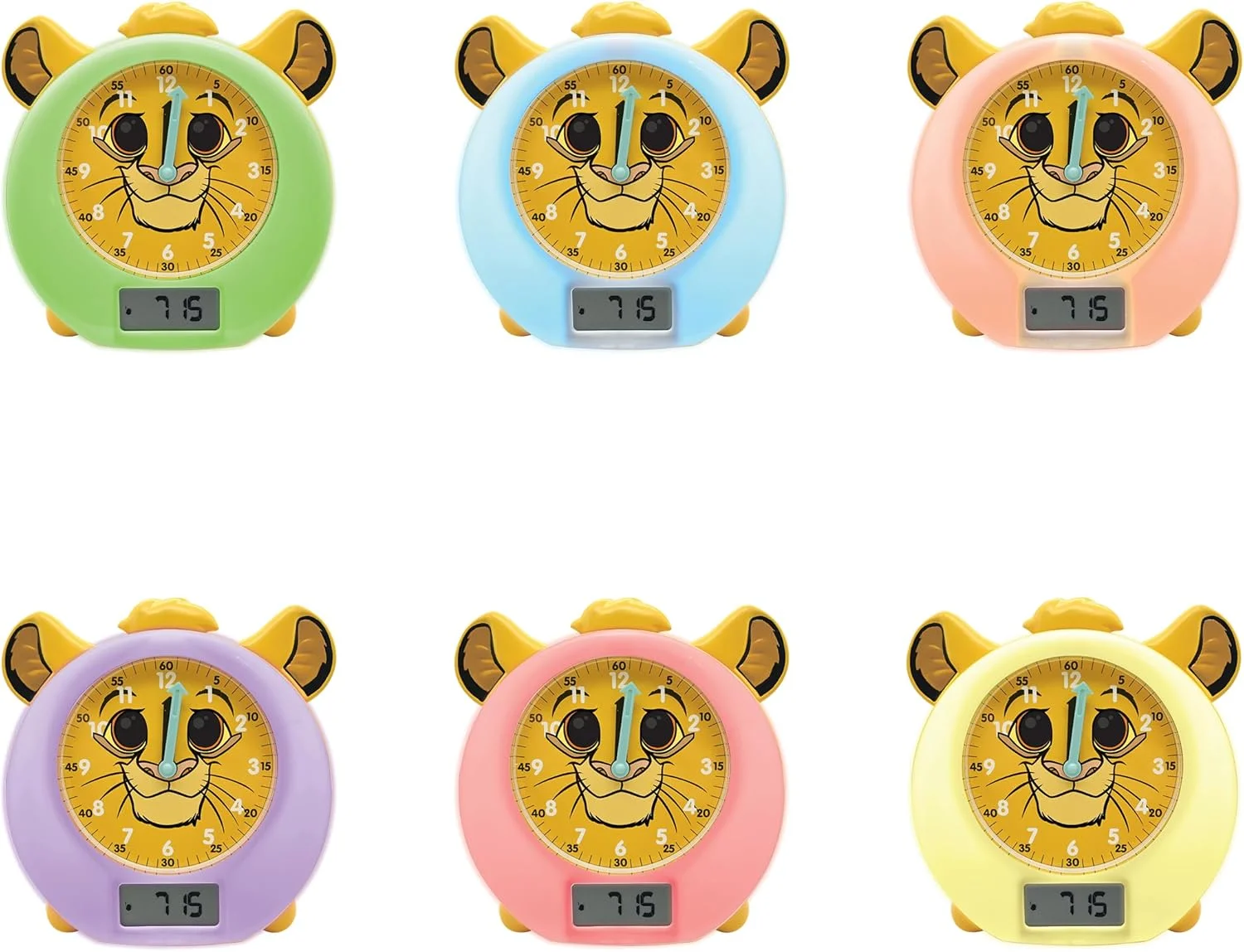 لِکسی بوک، دیزنی، شیر شاه، سیمبا، همراه آموزشی خواب من، ساعت زنگ دار، چراغ خواب، شبیه ساز طلوع خورشید، تایمر، نمایشگر زمان دوگانه، باتری قابل شارژ، زرد، RLT100AN