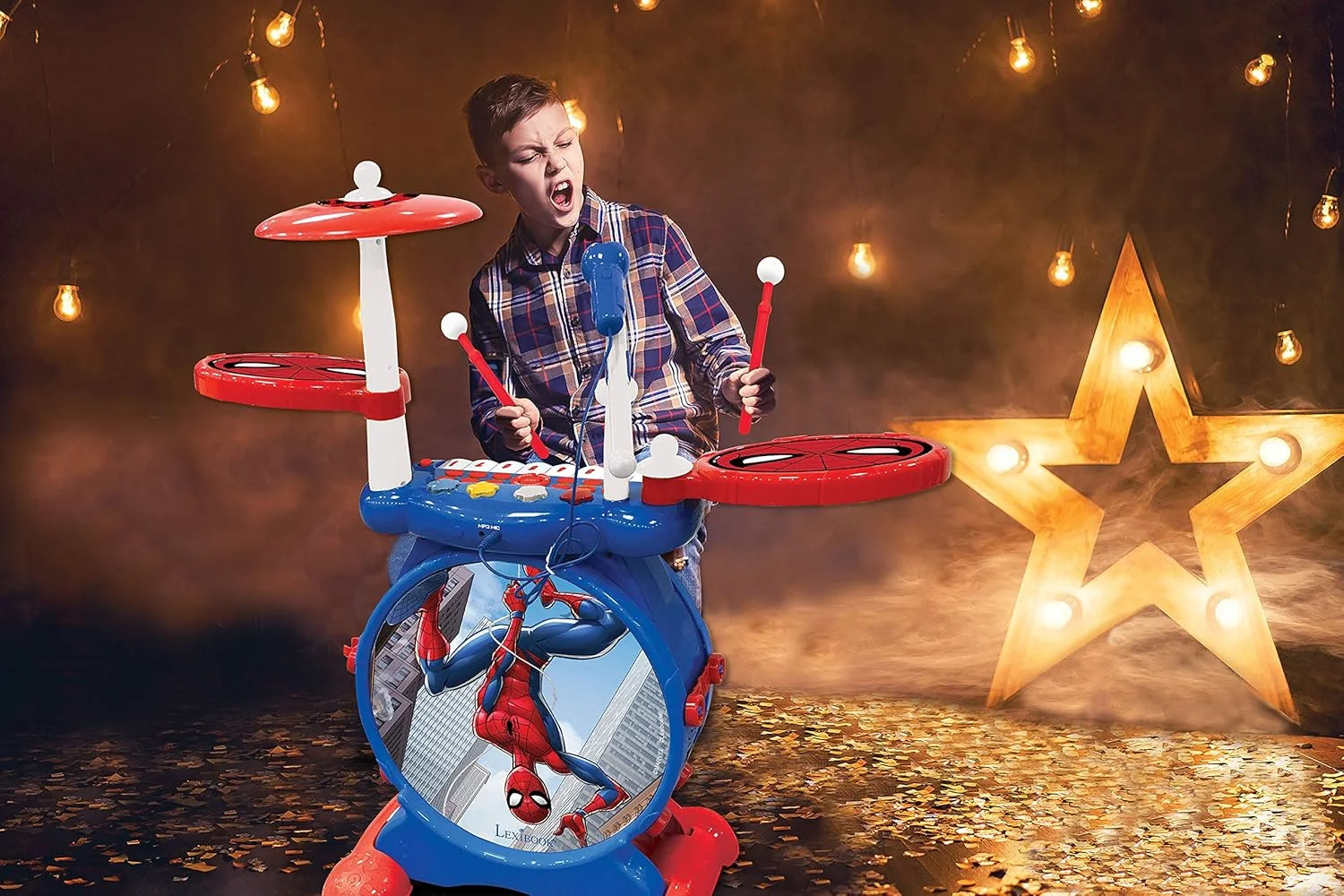 ست درام الکترونیکی مرد عنکبوتی Lexibook برای کودکان، بازی اسباب بازی موزیکال، صدای واقعی، کیبورد 8 کلیدی، اتصال MP3، صندلی شامل می شود، آبی/قرمز، K610SP