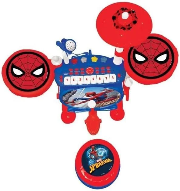 ست درام الکترونیکی مرد عنکبوتی Lexibook برای کودکان، بازی اسباب بازی موزیکال، صدای واقعی، کیبورد 8 کلیدی، اتصال MP3، صندلی شامل می شود، آبی/قرمز، K610SP