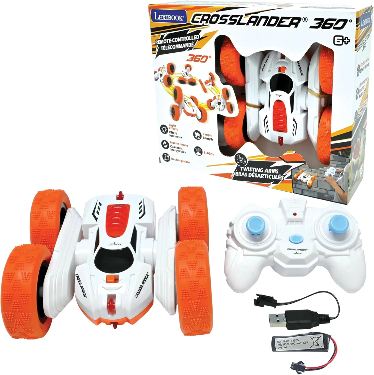 ماشین آفرود کراس‌لندر LEXIBOOK RC20، تا 12 کیلومتر در ساعت، جلوه‌های نوری، چرخش 360 درجه چرخ، حرکات نمایشی دیوانه‌وار، کنترل از راه دور مچی، قابل شارژ، نارنجی/سفید