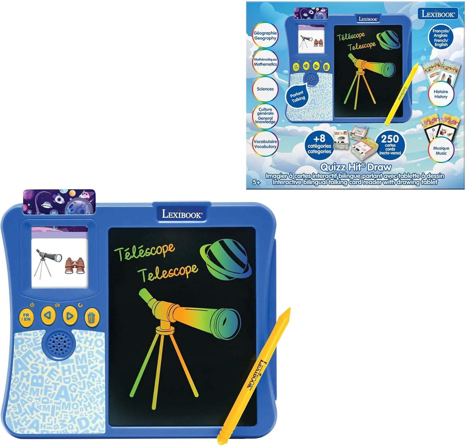 Lexibook, QuizzHit® Draw، کارت خوان تعاملی دو زبانه انگلیسی/فرانسوی با تبلت طراحی، 250 کارت واژگان و آزمون دو طرفه برای یادگیری کشورها، حیوانات و موارد دیگر، JCR20i1