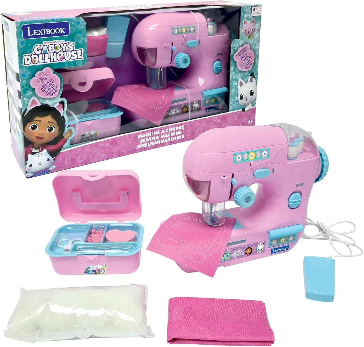 ماشین خیاطی خانه عروسکی گابی Lexibook با لوازم جانبی، چراغ و پدال، اسباب بازی نقش آفرینی، بازی طراحی مد، صورتی، SW100GDH
