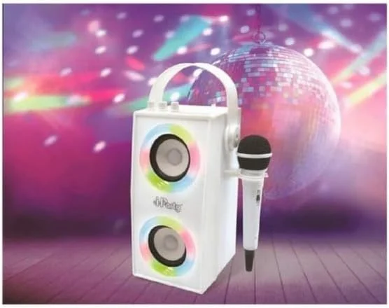 اسپیکر بلوتوث قابل حمل LEXIBOOK BTP180Z iParty مناسب برای سنین 3 سال به بالا با میکروفون، جلوه های نوری، کارائوکه، بی سیم، USB، کارت SD، باتری قابل شارژ، سفید