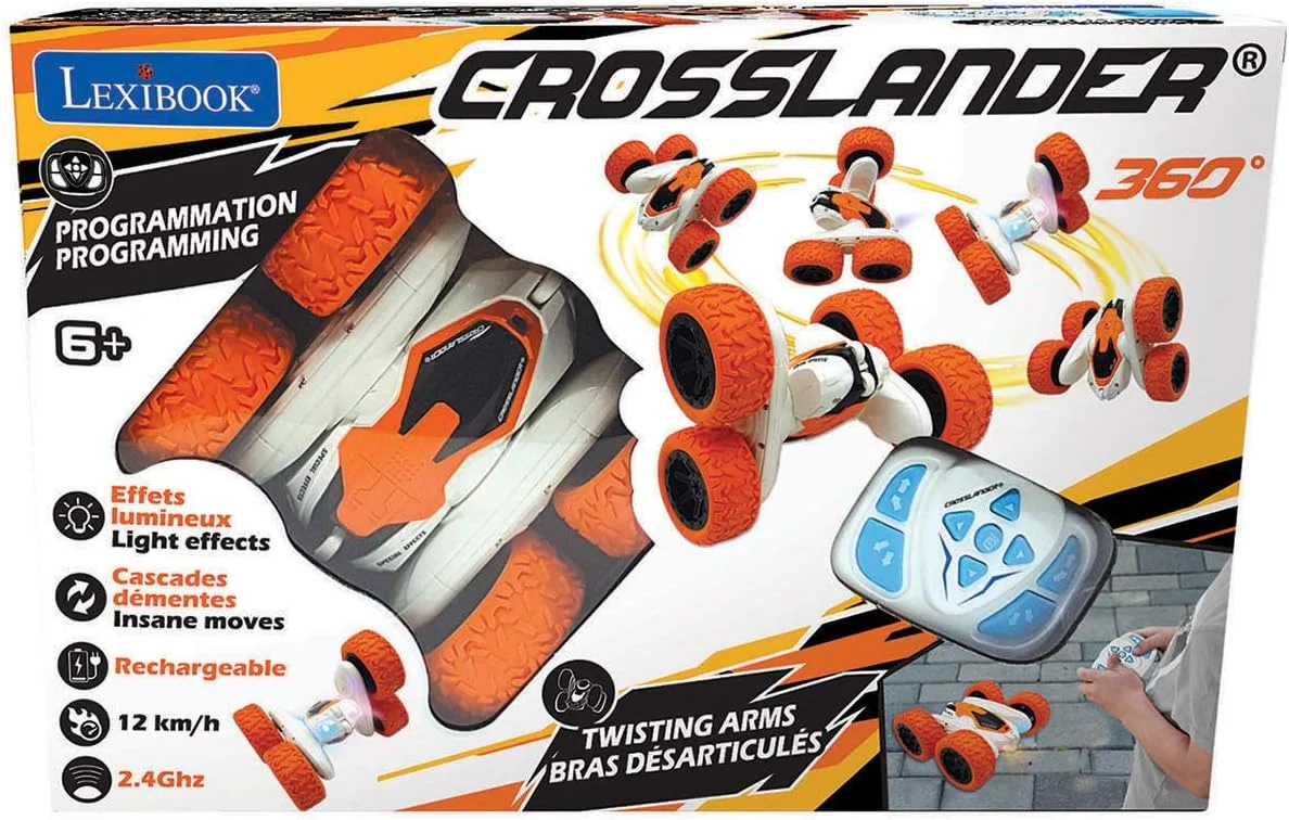 ماشین آفرود کراس‌لندر LEXIBOOK RC20، تا 12 کیلومتر در ساعت، جلوه‌های نوری، چرخش 360 درجه چرخ، حرکات نمایشی دیوانه‌وار، کنترل از راه دور مچی، قابل شارژ، نارنجی/سفید