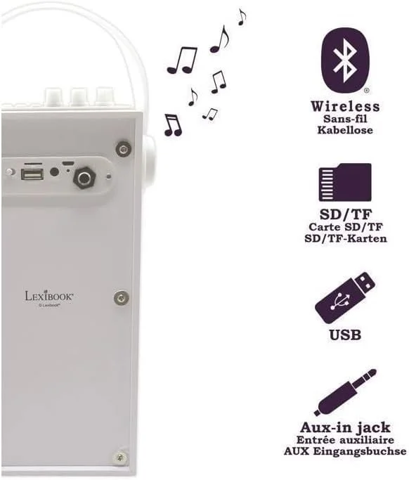 اسپیکر بلوتوث قابل حمل LEXIBOOK BTP180Z iParty مناسب برای سنین 3 سال به بالا با میکروفون، جلوه های نوری، کارائوکه، بی سیم، USB، کارت SD، باتری قابل شارژ، سفید