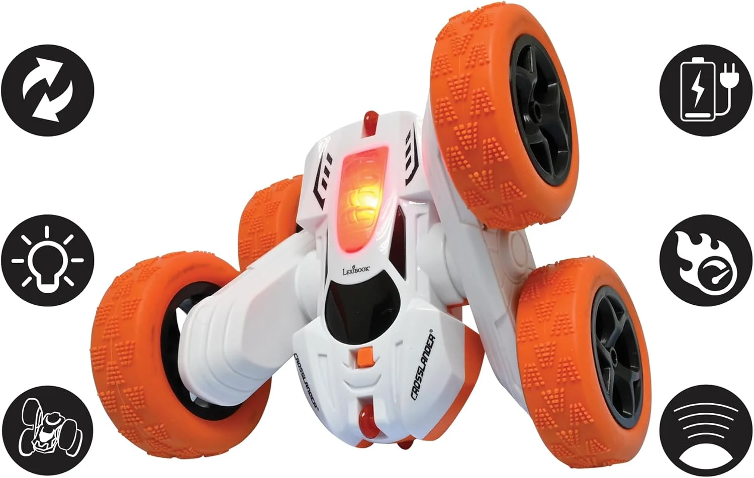 ماشین آفرود کراس‌لندر LEXIBOOK RC20، تا 12 کیلومتر در ساعت، جلوه‌های نوری، چرخش 360 درجه چرخ، حرکات نمایشی دیوانه‌وار، کنترل از راه دور مچی، قابل شارژ، نارنجی/سفید