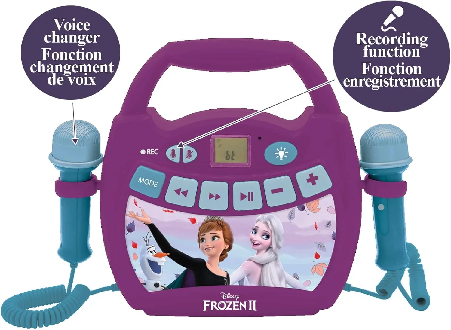 LEXiBOOK – دیزنی فروزن 2 - دستگاه پخش کارائوکه دیجیتال قابل حمل برای کودکان – میکروفون، جلوه های نوری، بلوتوث، ضبط و عملکردهای تغییر صدا، باتری قابل شارژ، بنفش، MP320FZZ