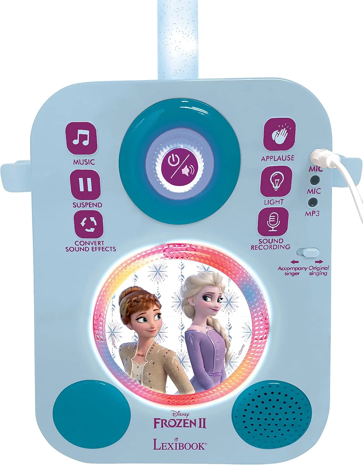 اسپیکر موزیکال نورپردازی شده السا فروزن دیزنی Lexibook با 2 میکروفون، آهنگ های دمو، ورودی MP3، آبی/بنفش، K140FZ