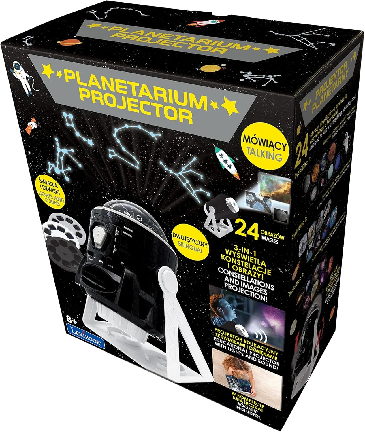 پروژکتور سیاره‌نمای سخنگو 2 در 1 لکسی‌بوک، صور فلکی و تصاویر، دوزبانه لهستانی-انگلیسی، 24 تصویر برای کشف فضا، 2 گنبد صور فلکی، STEM، سیاه/سفید، NLJ181i17