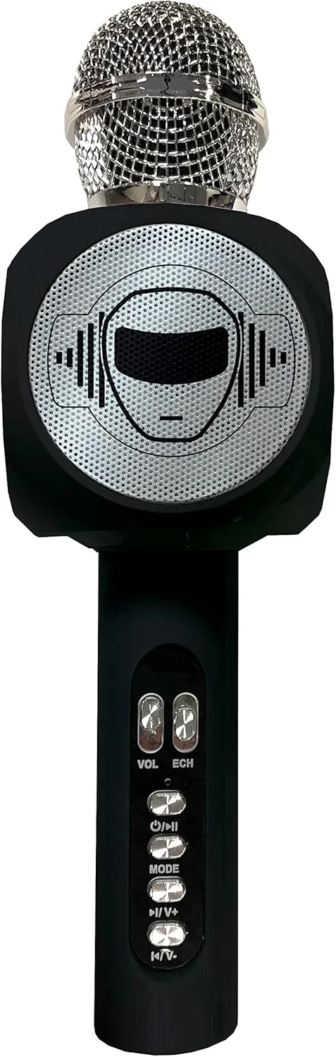 میکروفون بی سیم Lexibook iParty با بلندگو و چراغ، بلوتوث، عملکرد تغییر صدا، جلوه های نوری، اسلات میکرو SD، USB، مشکی/نقره ای، MIC260