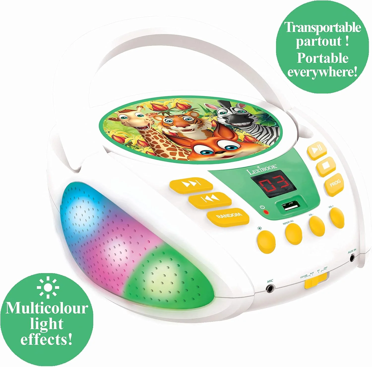 دستگاه پخش سی دی بلوتوث حیوانات جنگلی Lexibook برای کودکان - قابل حمل، جلوه های نوری چند رنگ، جک میکروفون، جک ورودی کمکی، کارکرد با برق یا باتری، دختران، پسران، سفید، RCD109ANX