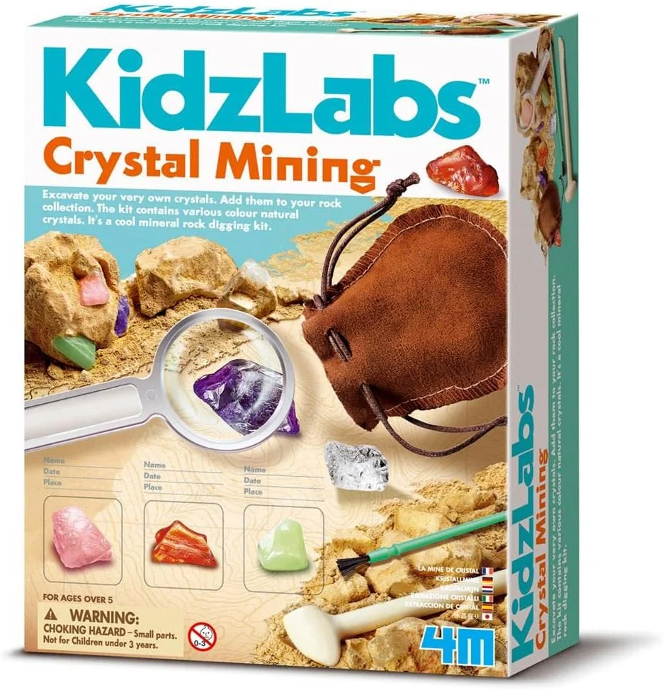 مجموعه استخراج کریستال 4M KidzLabs – حفاری و کشف 8 کریستال واقعی پنهان در یک سنگ گچی | کیت زمین شناسی STEM با ابزار و جعبه نمایش برای کودکان 8 سال به بالا