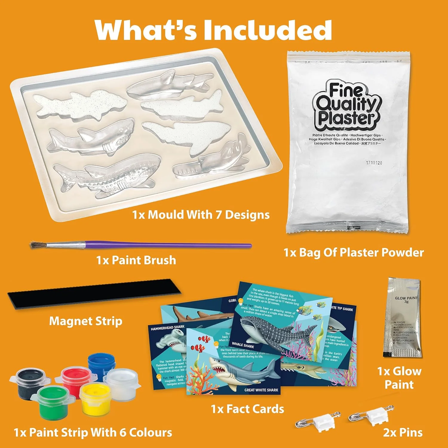 ست قالب گیری و رنگ آمیزی کوسه 4M - آهنربا و نشان سینه گچی کوسه ای بسازید برای کودکان 5 سال به بالا | 7 فیگور کوسه را با رنگ های چند رنگ، آهنربا و سنجاق رنگ کنید