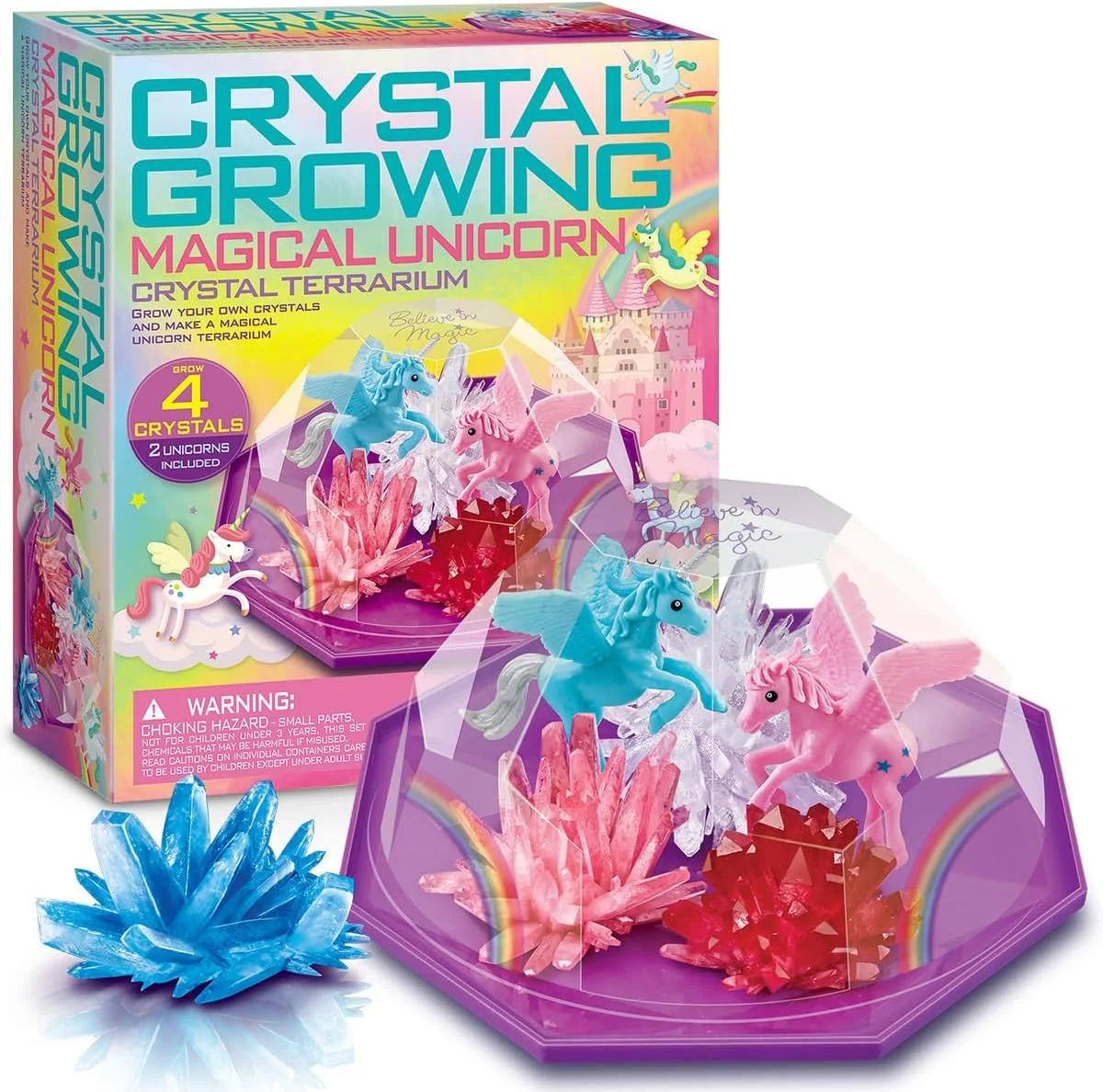 کیت تراریوم کریستالی تک شاخ جادویی 4M – 4 کریستال رنگارنگ را در یک گنبد سرزمین عجایب تک شاخ با مجسمه ها، ترکیبات دانه، ابزارهای اختلاط و برچسب تزئینی پرورش دهید—علم کریستال STEM برای سنین 10 سال به بالا
