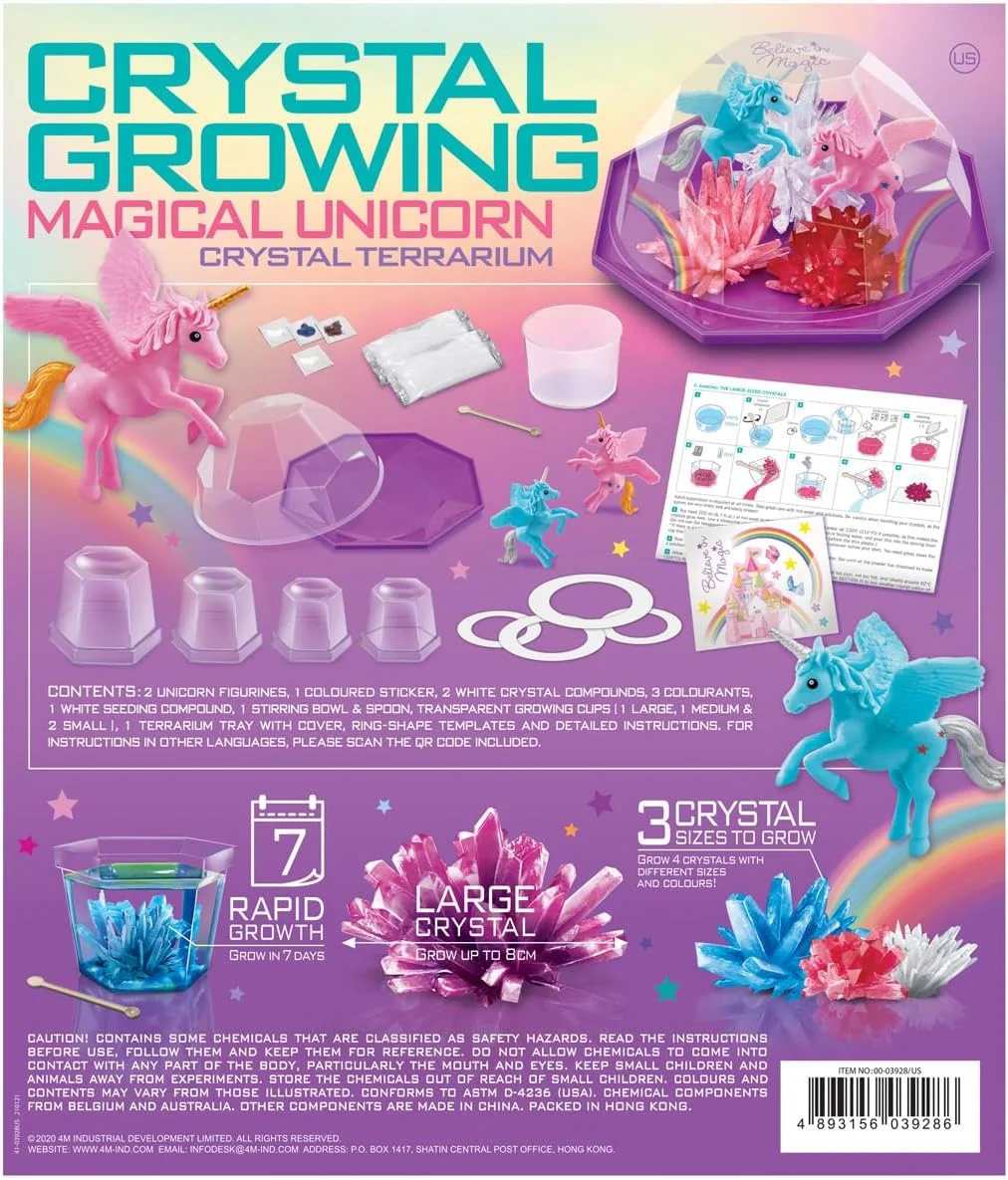 کیت تراریوم کریستالی تک شاخ جادویی 4M – 4 کریستال رنگارنگ را در یک گنبد سرزمین عجایب تک شاخ با مجسمه ها، ترکیبات دانه، ابزارهای اختلاط و برچسب تزئینی پرورش دهید—علم کریستال STEM برای سنین 10 سال به بالا