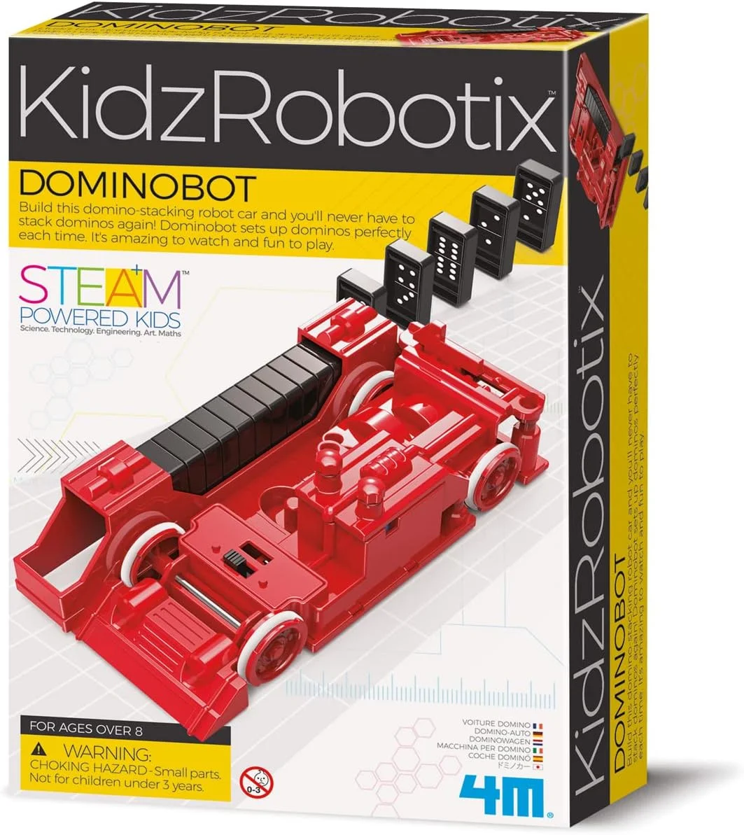 روبات دومینوچین 4M KidzRobotix – ساخت روباتی که دومینوها را به طور خودکار می چیند | کیت مهندسی مکانیک STEM برای کودکان 8 سال به بالا