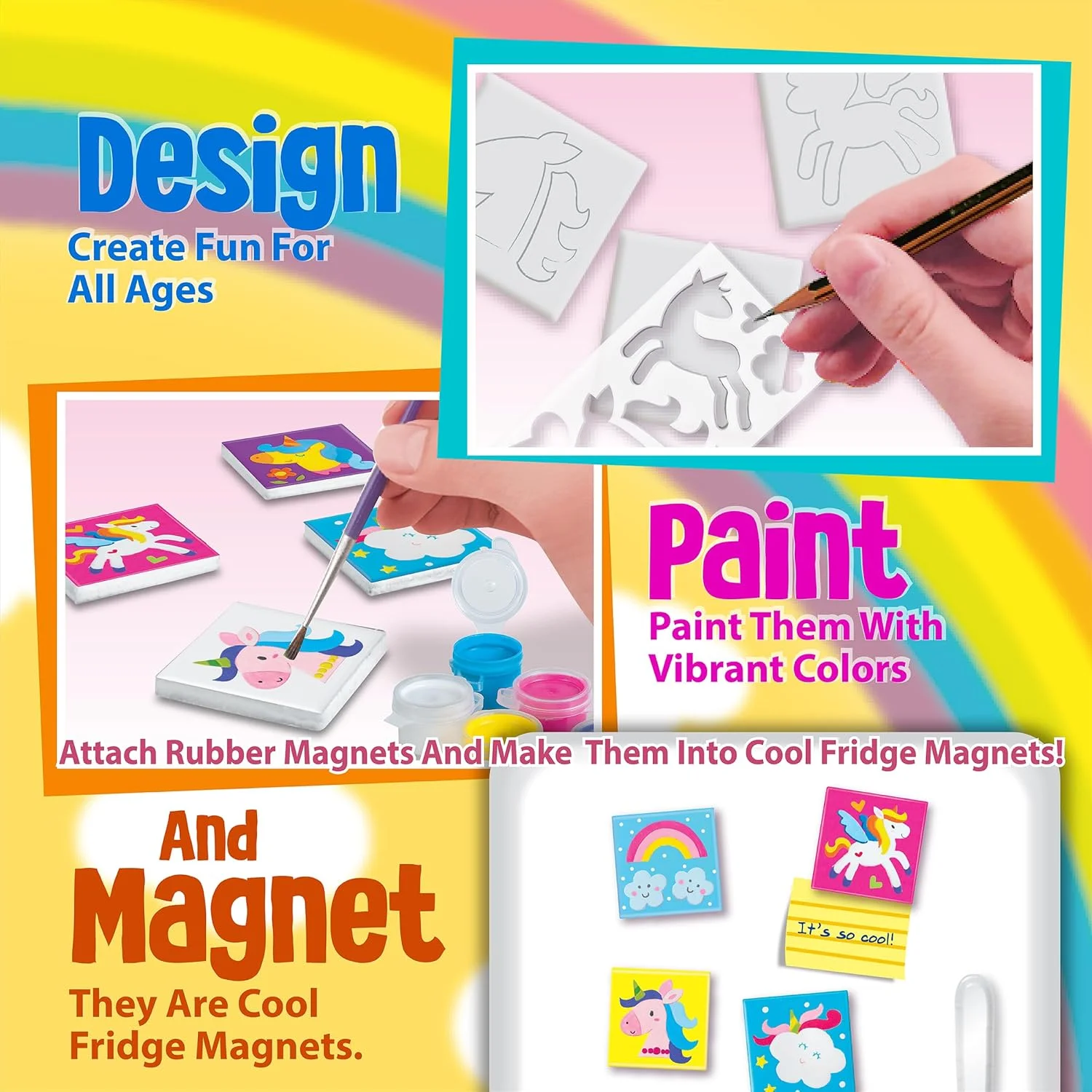 ست هنر موزاییک مینی تک شاخ 4M – تزئین کاشی های سرامیکی آهنربایی تک شاخ با رنگ و برچسب | ست کاردستی خلاقانه DIY برای کودکان 5 سال به بالا | ساخت 6 مینی کاشی برای یخچال یا نمایش روی دیوار | 00‑04740