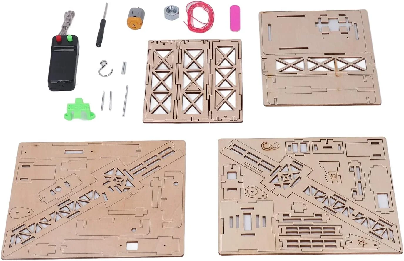 مدل جرثقیل چوبی، کنترل از راه دور، پازل سه بعدی، چوب کامپوزیت، اسباب بازی آموزشی با نقاط بالابر دوبل و متریال برای کودکان