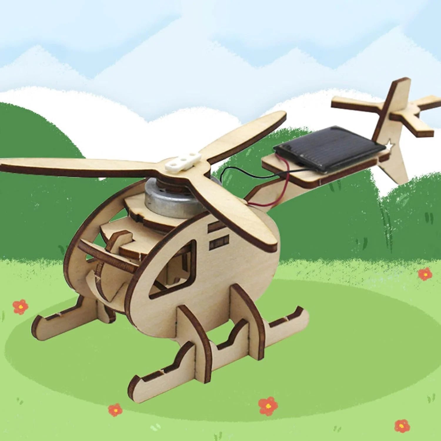 مدل هلیکوپتر خورشیدی، اسباب بازی چوبی فضایی، کیت کاردستی آموزشی خورشیدی برای کودکان