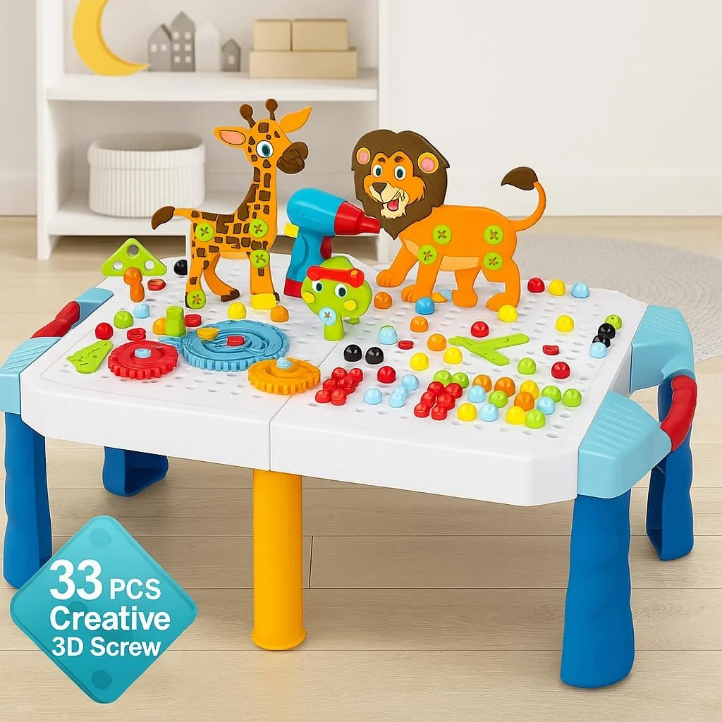 فیتو 213 تکه اسباب بازی پیچ و مهره سه بعدی خلاقانه، ست دریل کودکان، میز تاشو، بازی های بلوک ساختمانی آموزشی کودکان