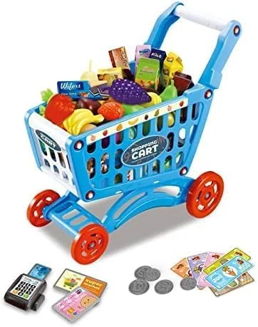 اسباب بازی چرخ خرید سوپرمارکت فیتو برای کودکان، مجموعه 34 تکه، چرخ خرید مواد غذایی، میوه ها و سبزیجات اسباب بازی، لوازم جانبی فروشگاه، آبی