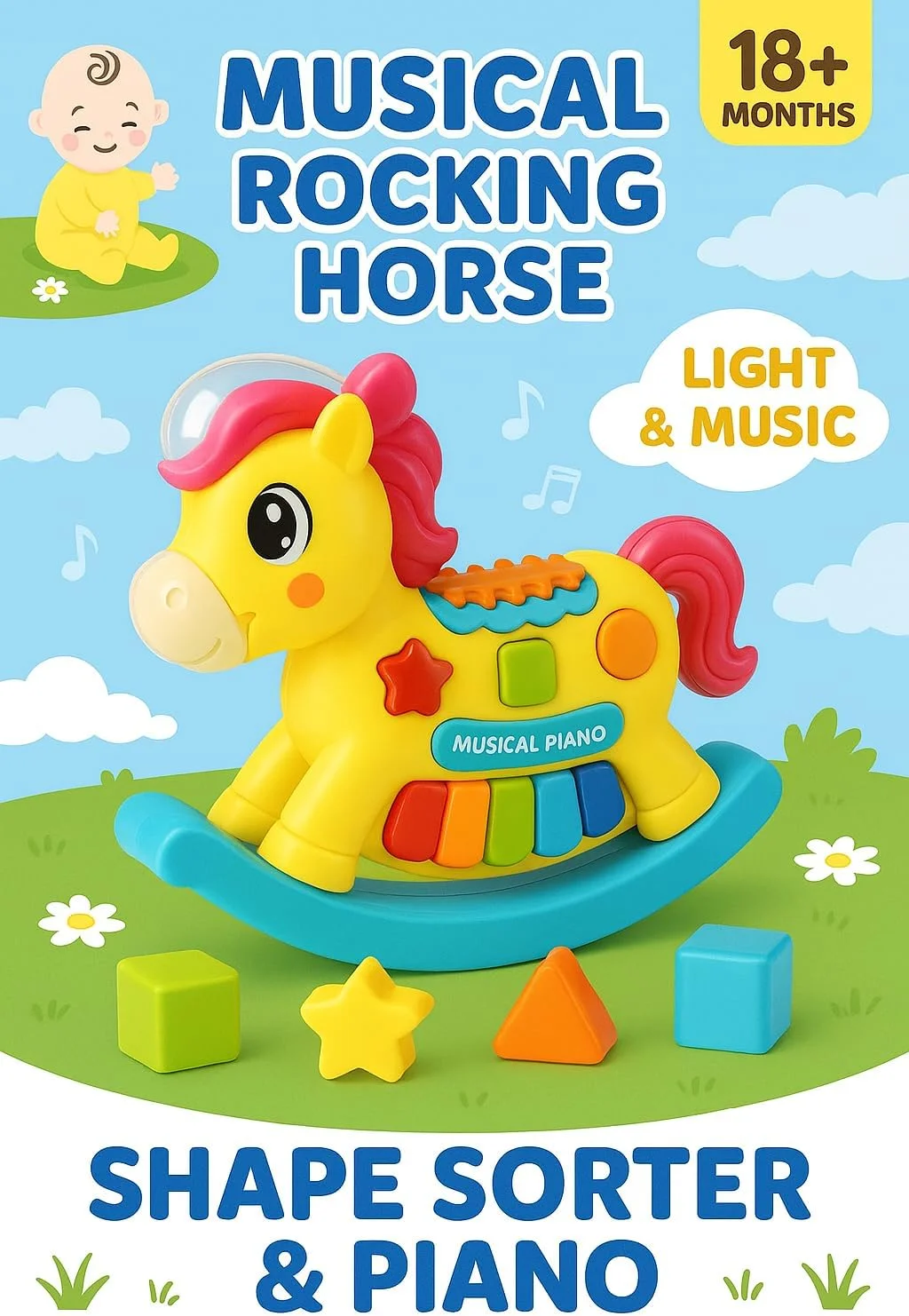 اسباب بازی چند منظوره موزیکال کودک نوپا فیتو، پازل مرتب سازی اشکال، زیلوفون، اسب گهواره ای و کشیدنی