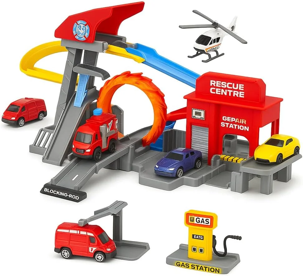 مجموعه بازی شهربازی ماجراجویی فیتو با جرثقیل ماشین، سرسره، حلقه آکروباتیک و 4 ماشین دایکست