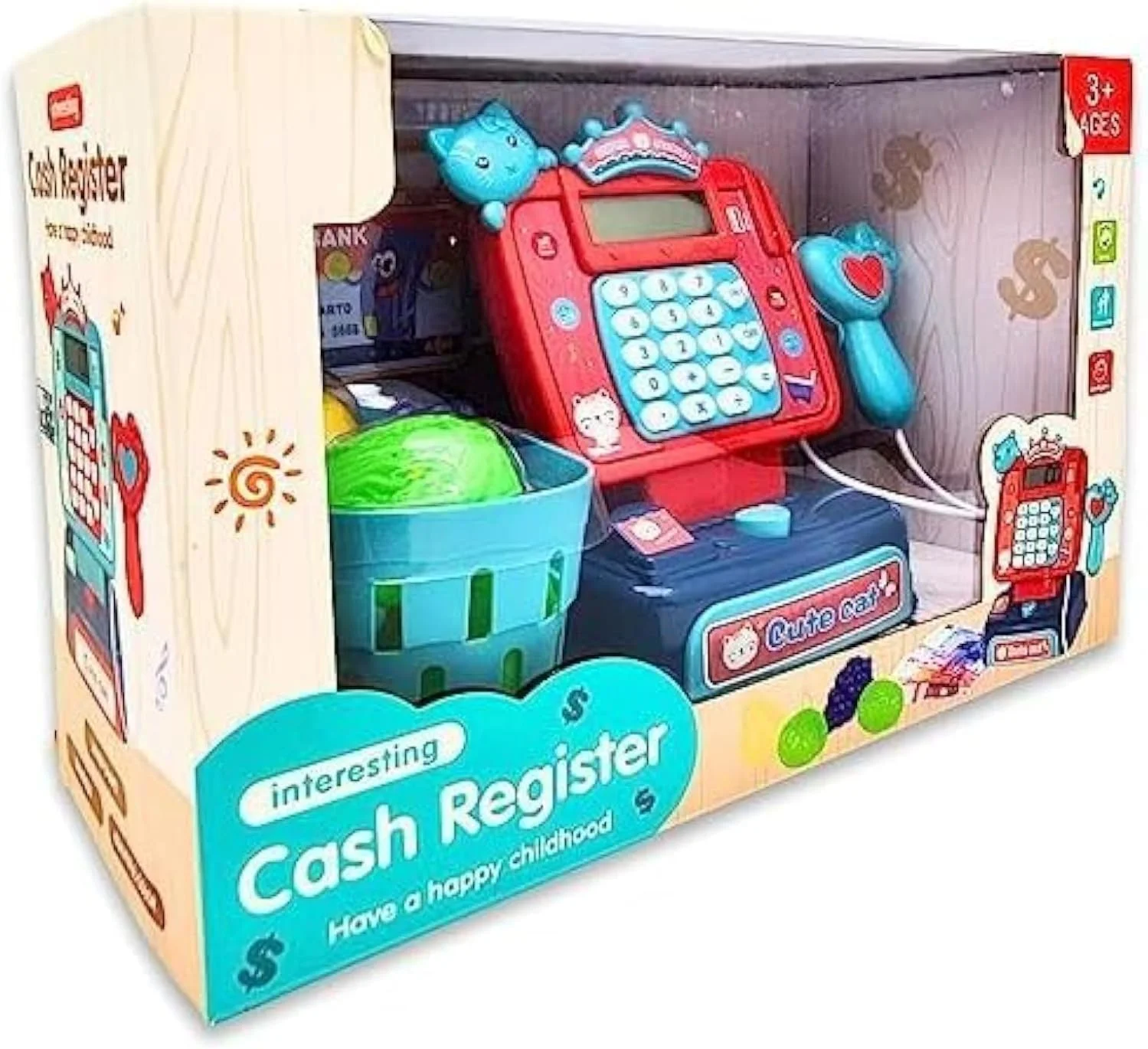 دستگاه صندوق فروشگاهی اسباب بازی فیتو مناسب کودکان، مجموعه اسباب بازی صندوق دار برای فروشگاه مواد غذایی، بازی وانمودی سوپرمارکت با سبد خرید، پول اسباب بازی با ماشین حساب کارکردنی مناسب برای دختران و پسران بالای 3 سال - آبی