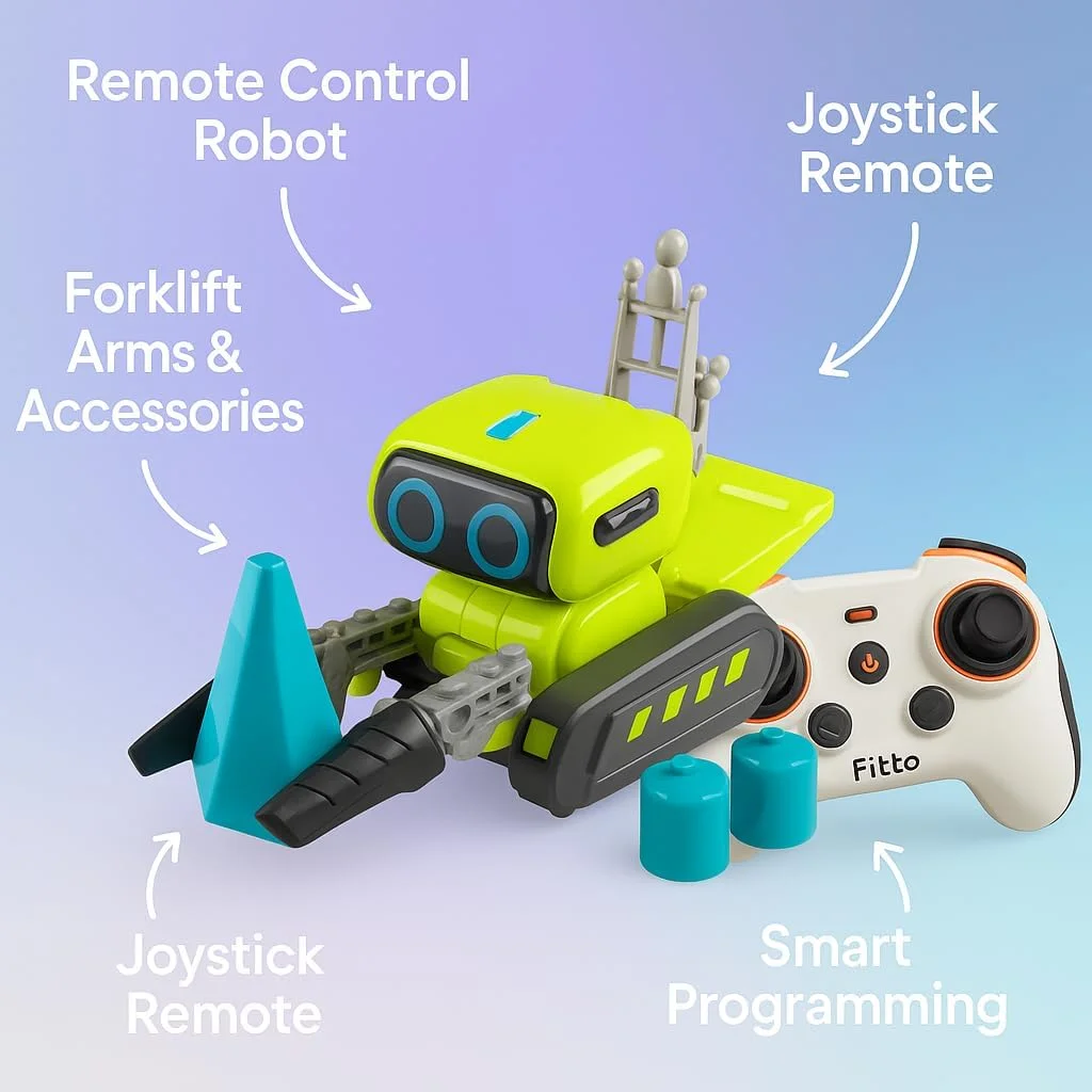 اسباب بازی ربات لیفتراک کنترلی تعاملی فیتو برای کودکان - طراحی زیبا با ریموت جوی استیک، لوازم جانبی مکعب و مخروطی برای سرگرمی و یادگیری