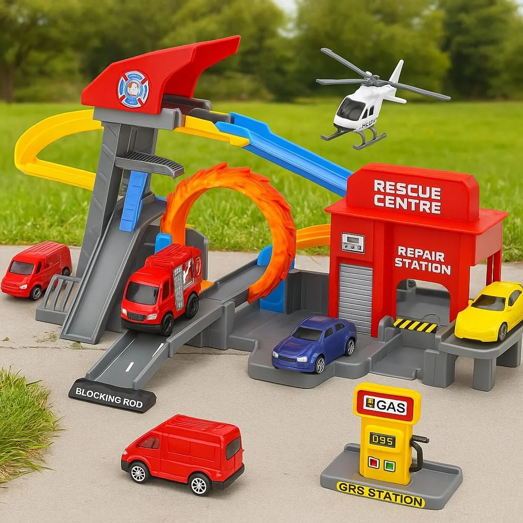 مجموعه بازی شهربازی ماجراجویی فیتو با جرثقیل ماشین، سرسره، حلقه آکروباتیک و 4 ماشین دایکست