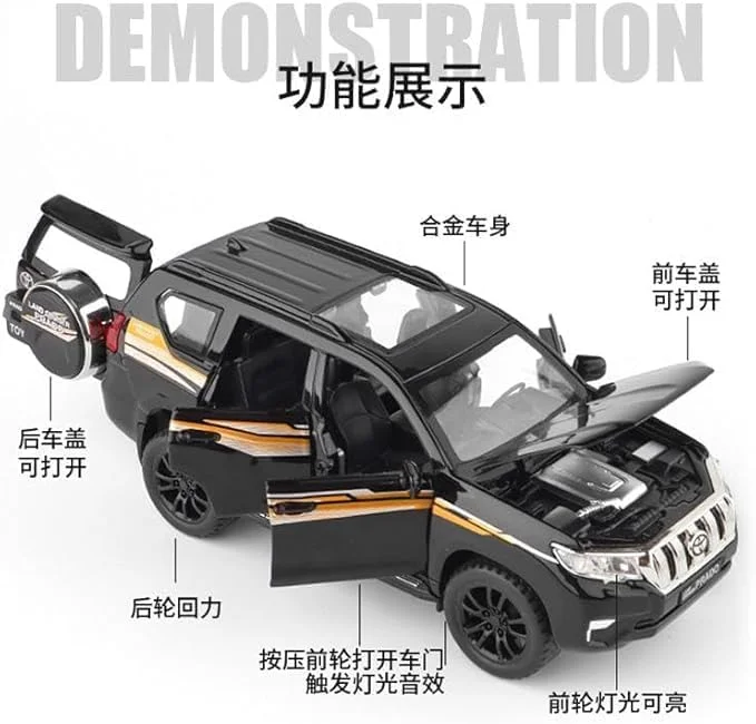 ماکت فلزی ماشین میتسوبیشی پاجرو شاسی بلند/تویوتا لندکروزر پرادو مقیاس 1:32 فیتو با صدا و نور برای کودکان - مشکی، ماشین اسباب بازی دایکاست، ویژگی های واقعی، بادوام