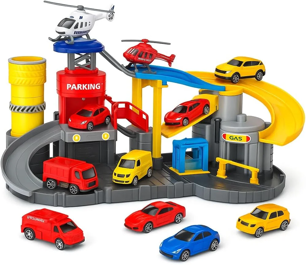 مجموعه بازی شهربازی ماجراجویی فیتو رولو با جرثقیل ماشین، سرسره، حلقه آکروباتیک و 8 ماشین دایکست