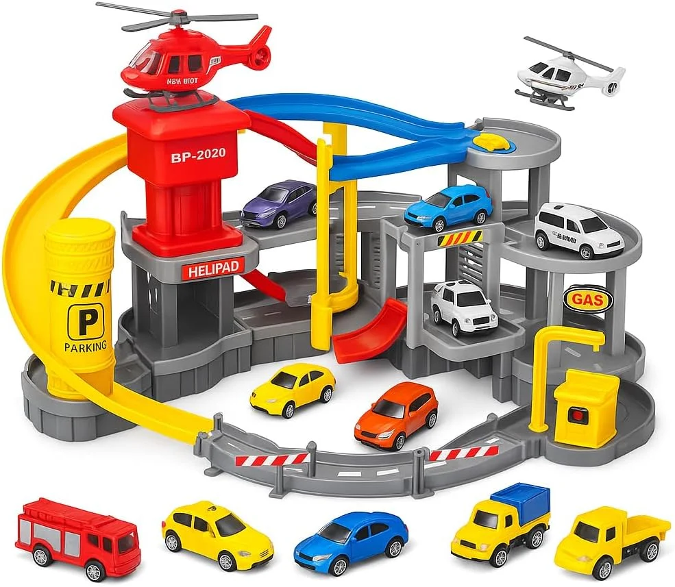 مجموعه بازی شهربازی ماجراجویی فیتو رولو با جرثقیل ماشین، سرسره، حلقه آکروباتیک و 8 ماشین دایکست