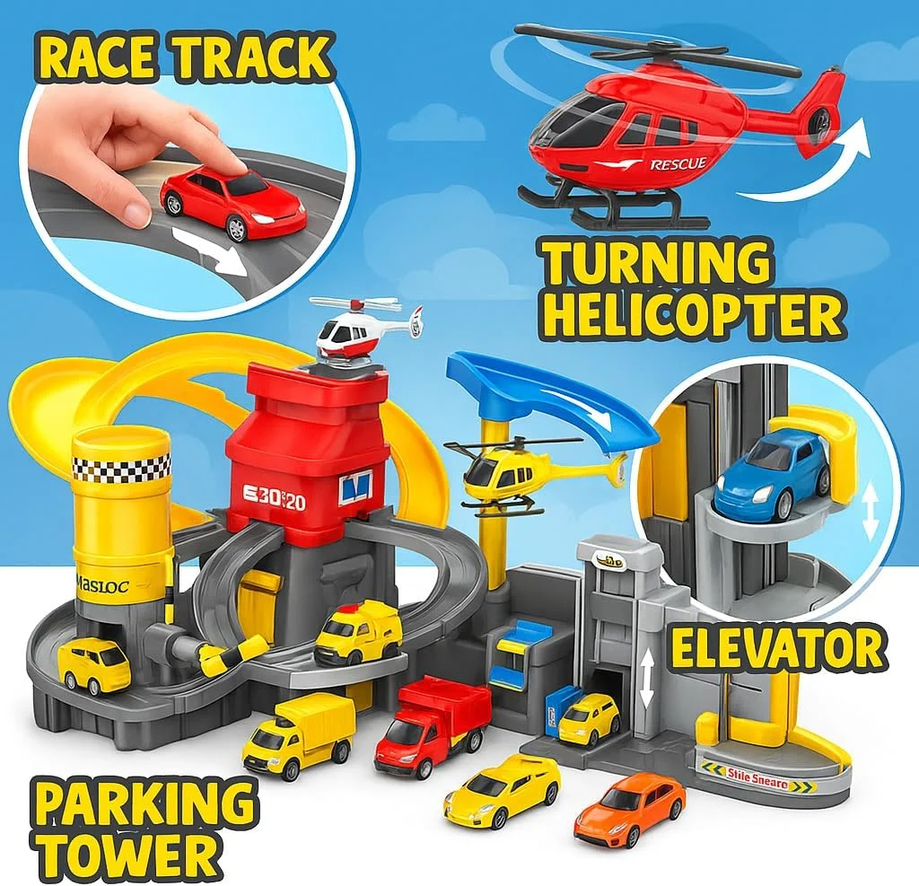 مجموعه بازی شهربازی ماجراجویی فیتو رولو با جرثقیل ماشین، سرسره، حلقه آکروباتیک و 8 ماشین دایکست