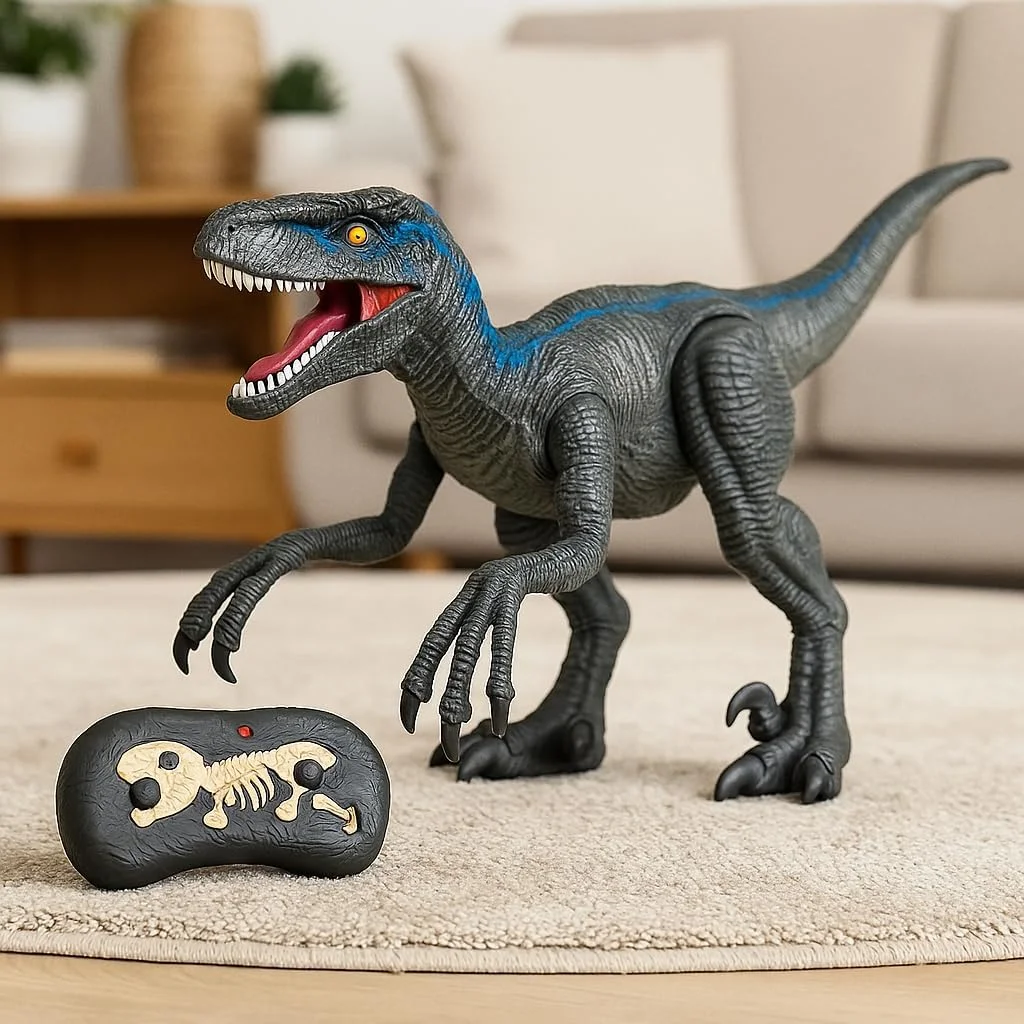 اسباب بازی دایناسور ولاسیراپتور کنترلی فیتو با پاهای متحرک، چشمان درخشان، باتری قابل شارژ، صداها و نور