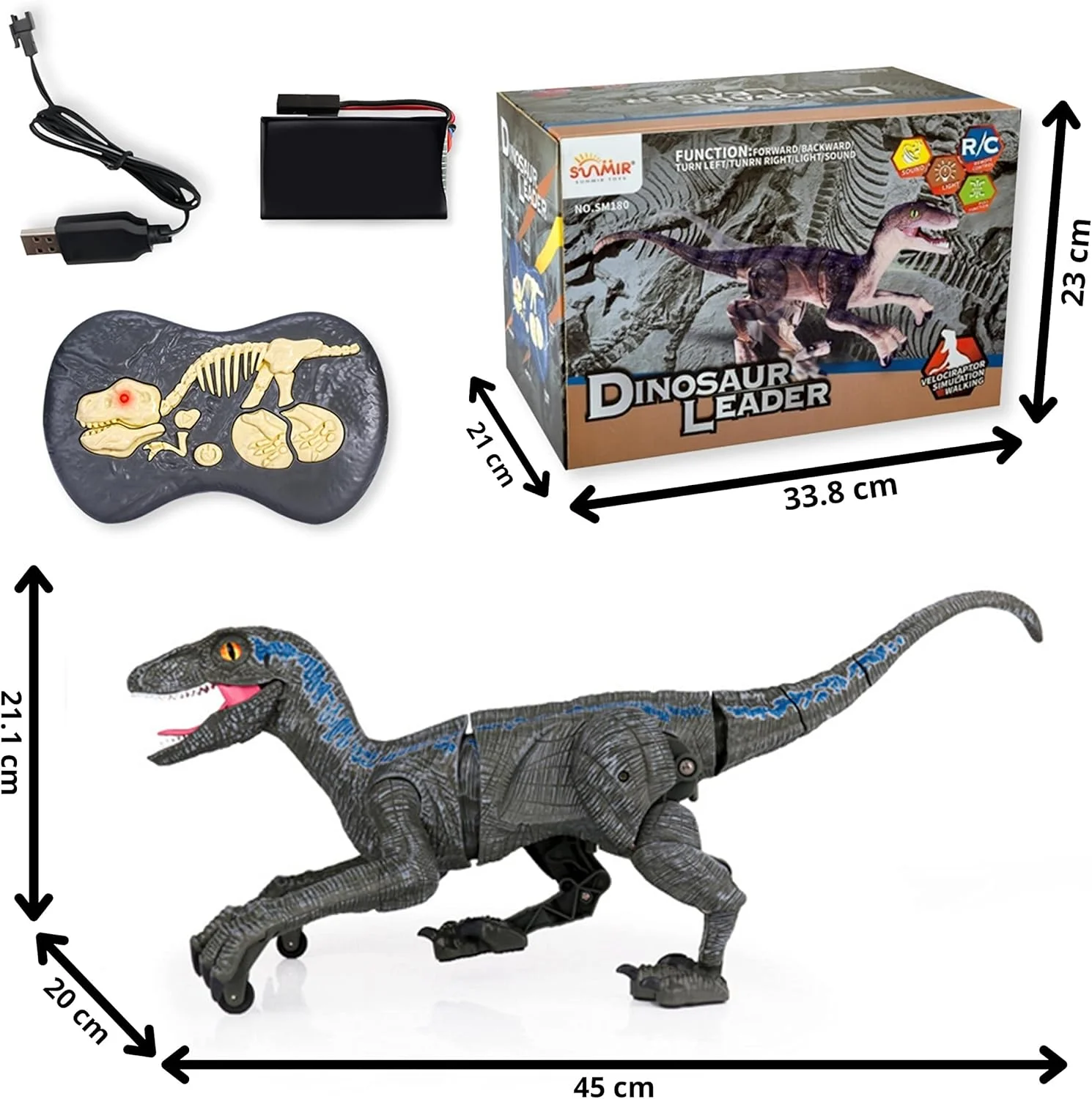 اسباب بازی دایناسور ولاسیراپتور کنترلی فیتو با پاهای متحرک، چشمان درخشان، باتری قابل شارژ، صداها و نور