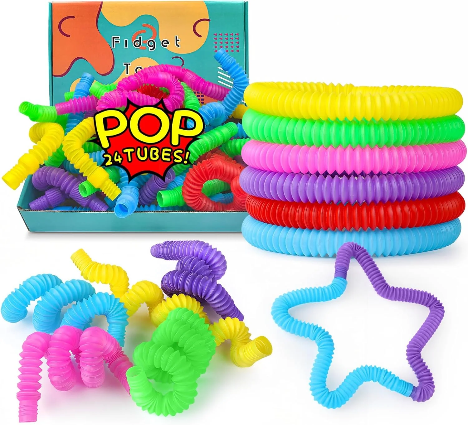 اسباب بازی های لوله ای Baytion Pop، 24 عدد اسباب بازی حسی کششی، اسباب بازی های لوله ای بی قرار با 4 رنگ تصادفی، اسباب بازی های تخیلی کودک نوپا، اسباب بازی های جعبه گنج برای کلاس درس، هدیه برای کودکان 3 سال به بالا