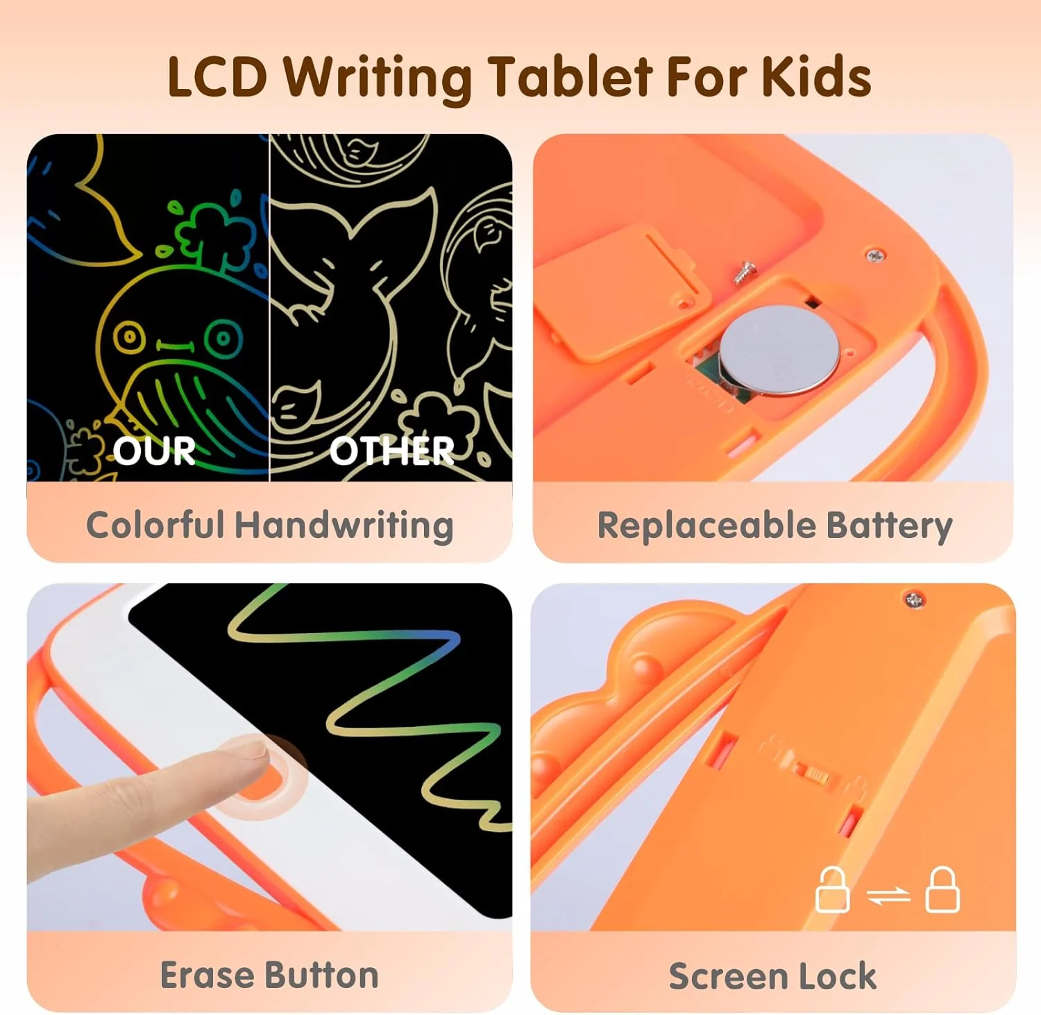 تبلت نوشتاری LCD Baytion، اسباب بازی کودکان، پد طراحی رنگارنگ برای کودکان 10 اینچی، تخته طراحی مجدد با دکمه پاک کردن، هدیه آموزشی برای کودکان نوپا، اسباب بازی های یادگیری الکترونیکی (نارنجی)