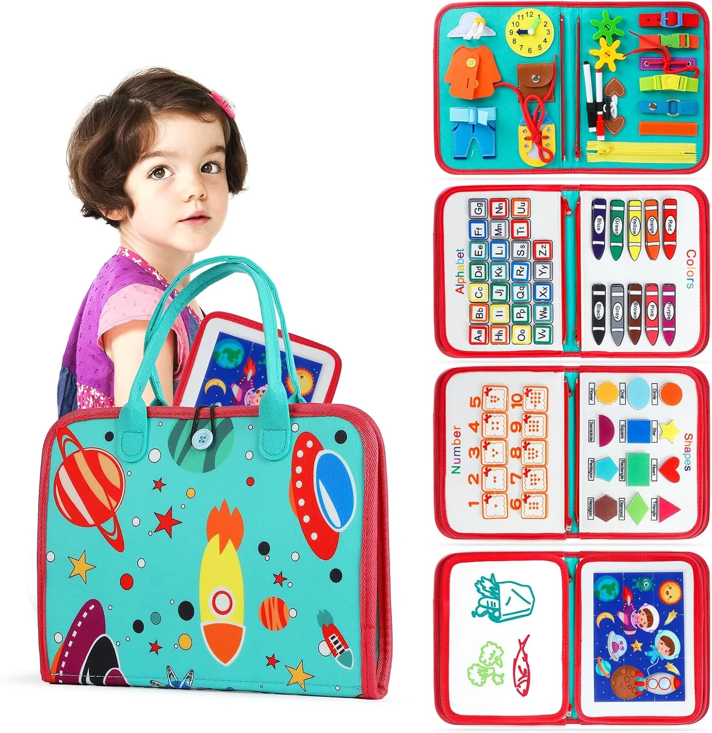 تخته مشغولیت بایتیون، اسباب بازی های مونته سوری، اسباب بازی های حسی آموزشی برای کودکان نوپا 1 2 3، ملزومات سفر برای هواپیما و سفرهای جاده ای، کتاب ساکت برای پسران و دختران، هدیه تولد کودک پیش دبستانی، اسباب بازی های آموزشی (سبز)