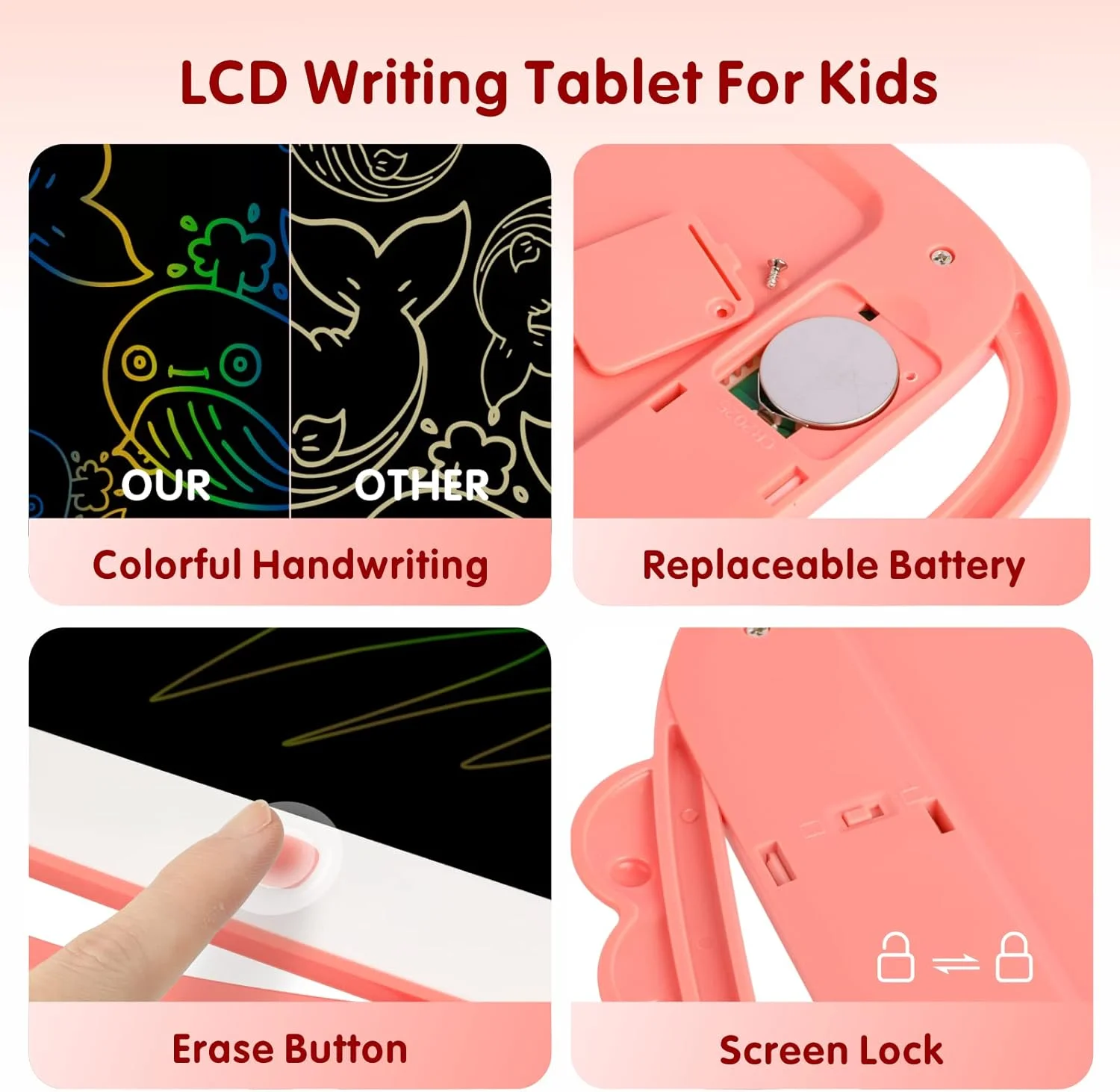 تبلت نوشتاری ال سی دی Baytion، پد طراحی رنگارنگ برای کودکان 10 اینچی، تخته طراحی مجدد با دکمه پاک کردن، هدیه آموزشی برای کودکان نوپا، اسباب بازی های یادگیری الکترونیکی (صورتی)
