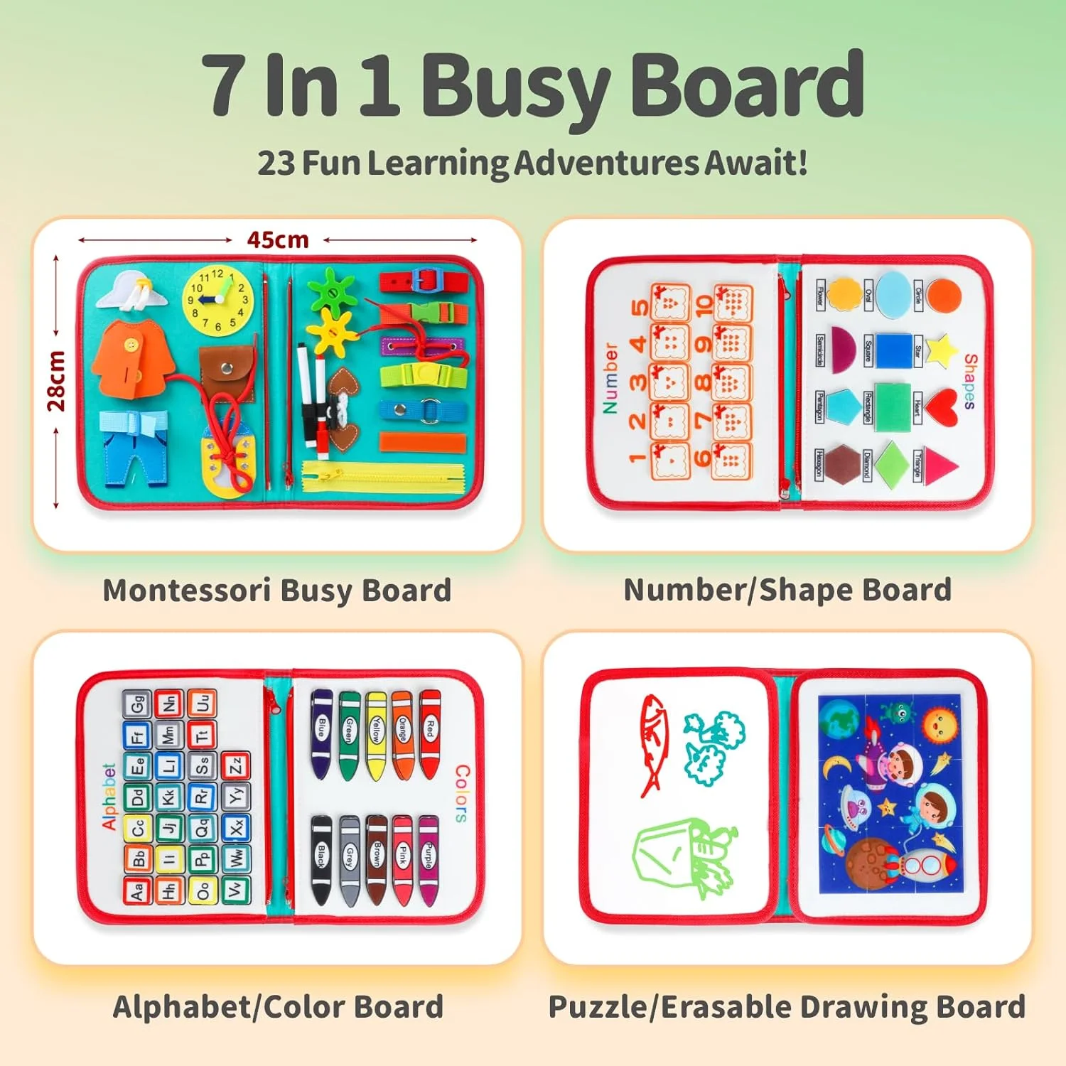 تخته مشغولیت بایتیون، اسباب بازی های مونته سوری، اسباب بازی های حسی آموزشی برای کودکان نوپا 1 2 3، ملزومات سفر برای هواپیما و سفرهای جاده ای، کتاب ساکت برای پسران و دختران، هدیه تولد کودک پیش دبستانی، اسباب بازی های آموزشی (سبز)