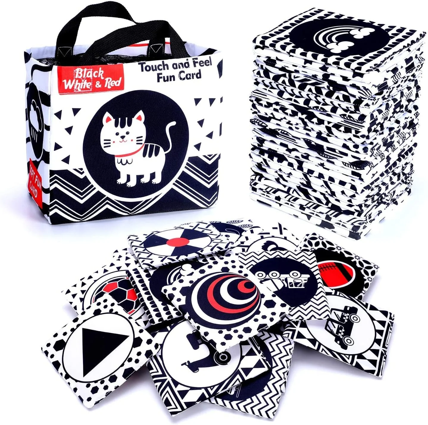 کارت های فلش پارچه ای نرم سیاه و سفید برای نوزادان، اسباب بازی های غیر سمی با کنتراست بالا برای تشخیص بصری همراه با کیف نگهداری، اسباب بازی آموزشی اولیه قابل شستشو مناسب نوزادان 0+ ماه (24 عددی)