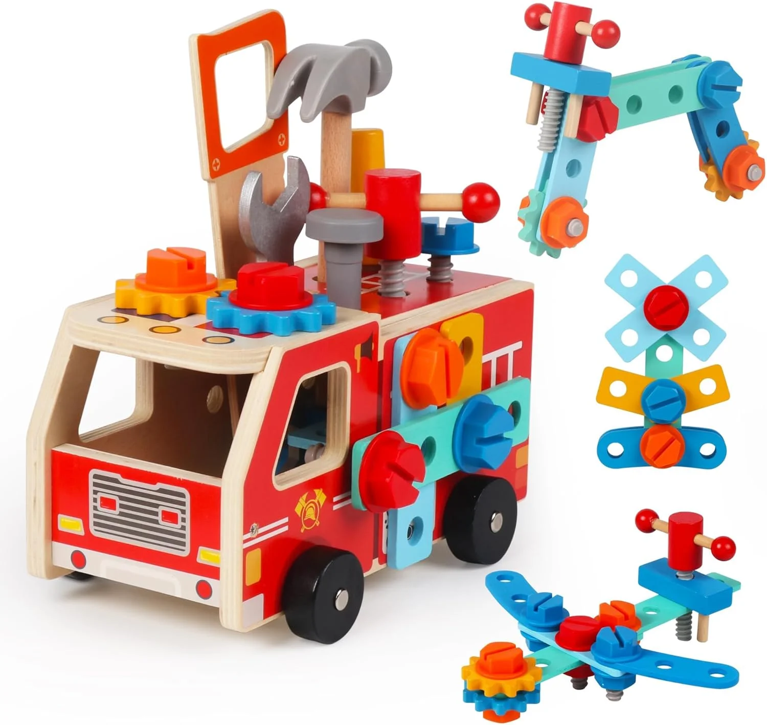 جعبه ابزار چوبی 33 تکه کودک، اسباب بازی آموزشی STEM - جعبه ابزار کامیون آتش نشانی 2 در 1 و میز کار برای سنین 2-5 سال