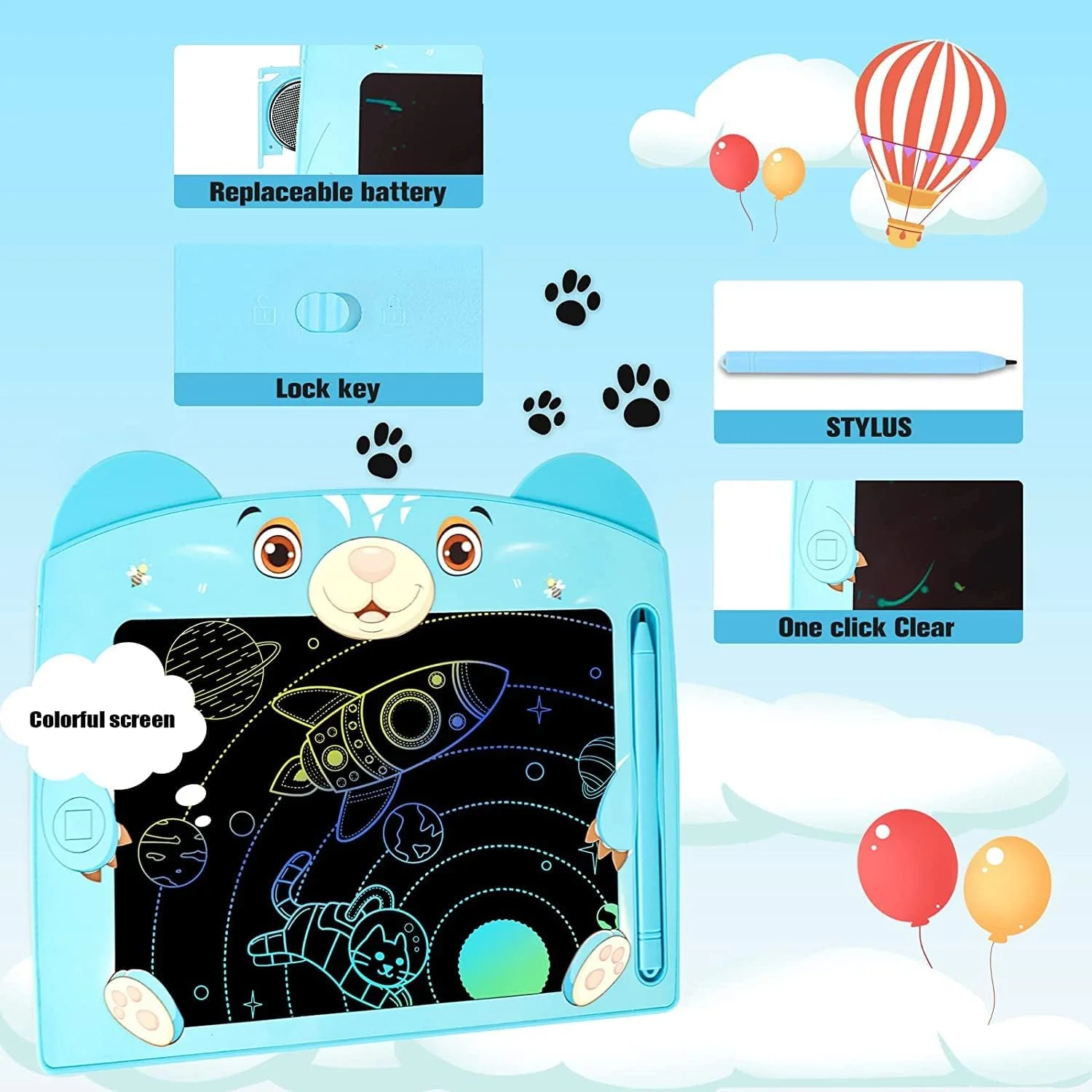 تخته طراحی، تبلت نوشتن LCD با عملکرد قفل صفحه نمایش رنگارنگ 8.5 اینچی، تخته یادگیری برای کودکان پیش دبستانی، اسباب بازی های آموزشی، تخته سیاه قابل پاک کردن (خرس آبی) تخته طراحی، تبلت نوشتن LCD با عملکرد قفل صفحه نمایش رنگارنگ 8.5 اینچی، تخته یادگیری برای کودکان پیش دبستانی، اسباب بازی های آموزشی، تخته سیاه قابل پاک کردن (خرس آبی)