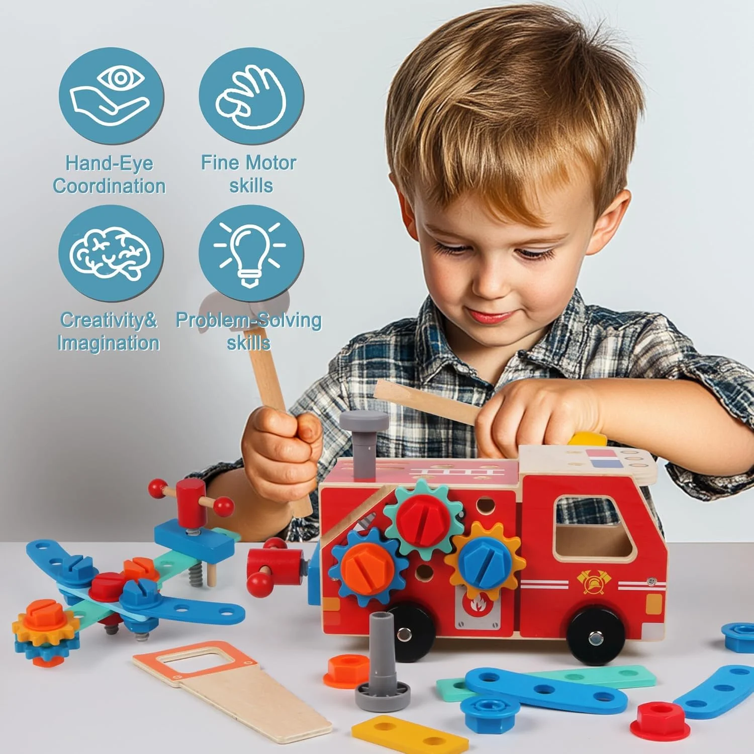 جعبه ابزار چوبی 33 تکه کودک، اسباب بازی آموزشی STEM - جعبه ابزار کامیون آتش نشانی 2 در 1 و میز کار برای سنین 2-5 سال جعبه ابزار چوبی 33 تکه کودک، اسباب بازی آموزشی STEM - جعبه ابزار کامیون آتش نشانی 2 در 1 و میز کار برای سنین 2-5 سال