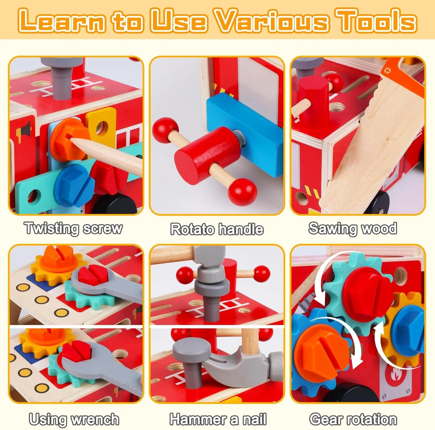 جعبه ابزار چوبی 33 تکه کودک، اسباب بازی آموزشی STEM - جعبه ابزار کامیون آتش نشانی 2 در 1 و میز کار برای سنین 2-5 سال جعبه ابزار چوبی 33 تکه کودک، اسباب بازی آموزشی STEM - جعبه ابزار کامیون آتش نشانی 2 در 1 و میز کار برای سنین 2-5 سال
